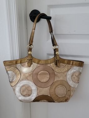 Coach Gold, Beige and Silver Circle Tote
